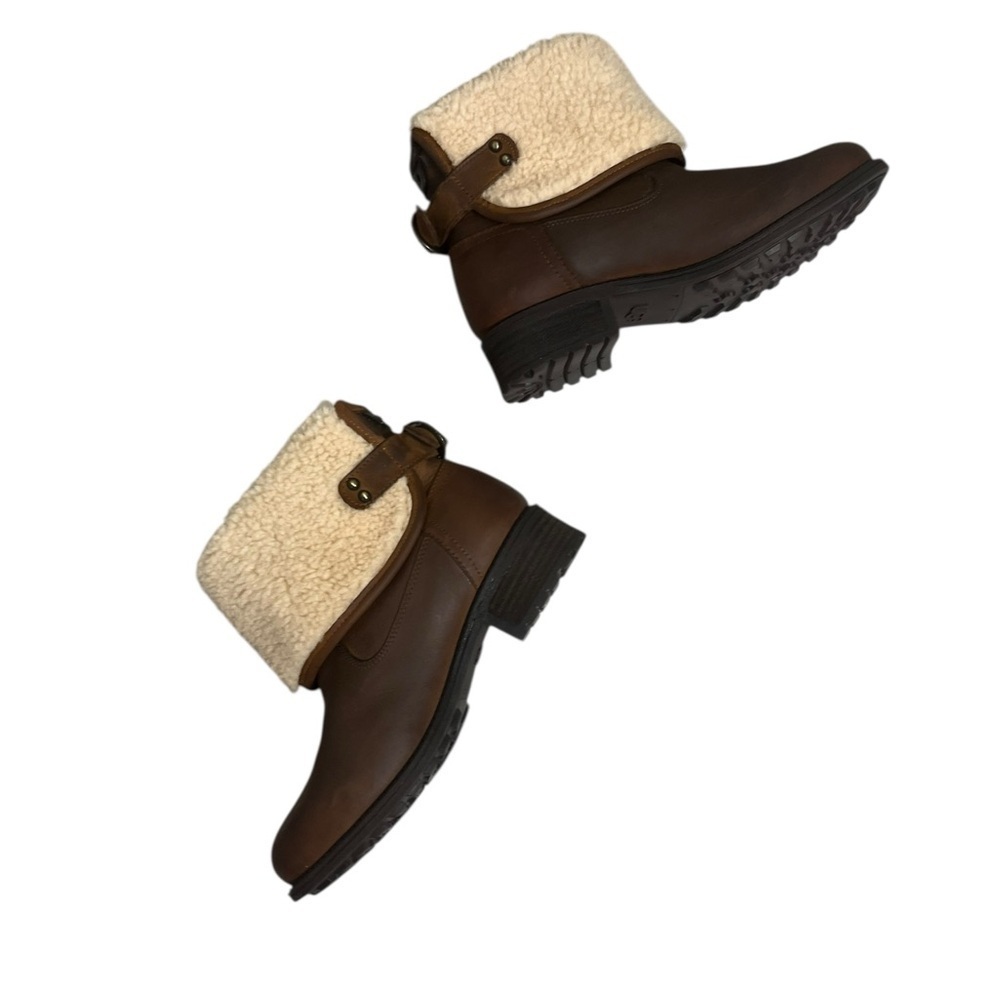 UGG Tan Leather Shearling Cuff Winter Ankle Boots Size 7 - Picture 5 of 9